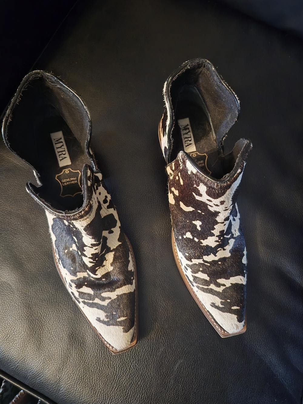 Women's Cowprint Ankle Western Boots - Black & White - Picture 2 of 2